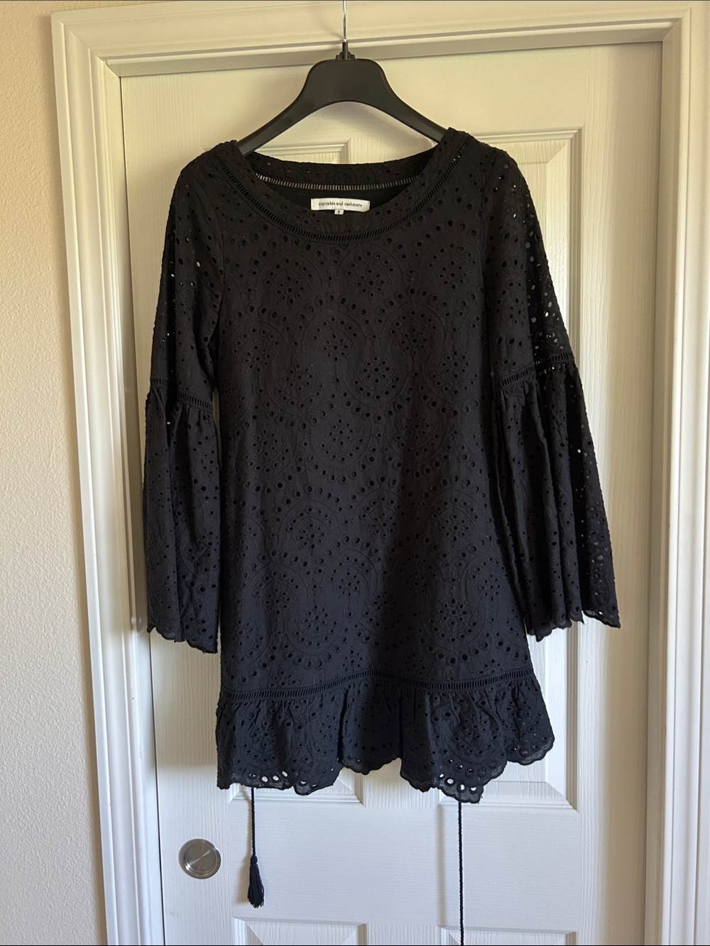 cupcakes & cashmere Black Eyelet Ruffle-Hem Mini Dress